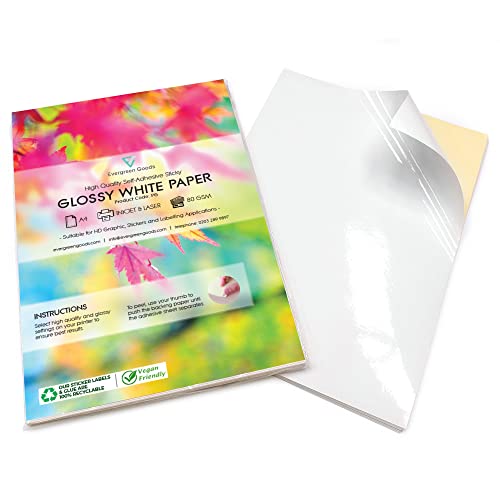 Evergreen Goods Ltd 100 Hojas A4 Papel Autoadhesivo Brillante Blanco para Impresora, Hojas Adhesivas Imprimibles para Impresoras Láser de Inyección de Tinta, Papel Impresión para el Hogar y la Oficina