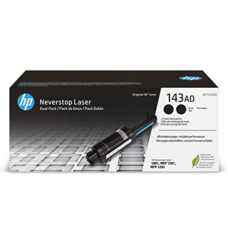 HP 143A W1143AD, Negro, Kit de Recarga de Tóner Original, Pack de 2, para impresoras HP Neverstop Laser Serie 1000 y 2000